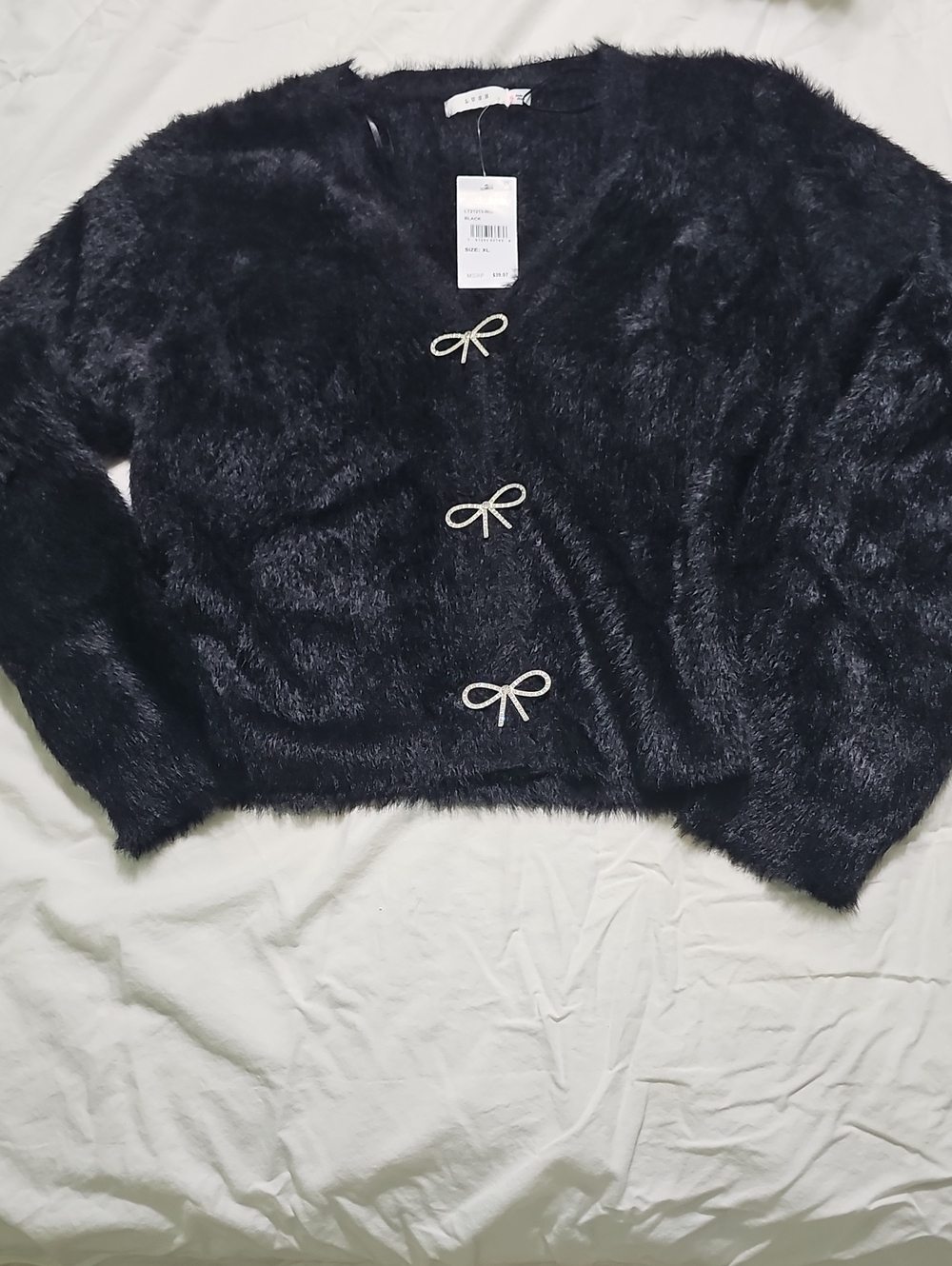 Lush Black Faux-Fur Bow-Button Cardigan